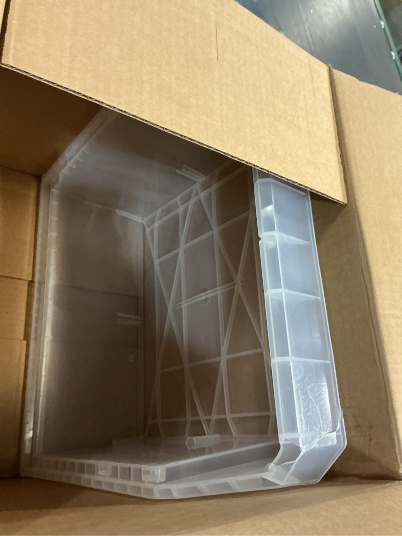 Condition photo showing As Is for Plastic Containers for Organizing and Storage Bins for Closet, Kitchen, Office, Garage or Pantry Organization, Stackable Bins, Extra Large (14.8" x 16.5" x 7"), 4-Pack, Clear Clear Extra Large, 4-Pack