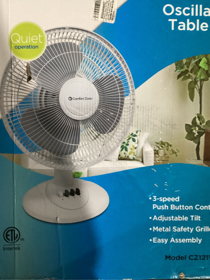 Condition photo showing New/Like New for Comfort Zone Oscillating Table Fan with Adjustable Tilt, Convenient Push Button Controls, Quiet, 12 inch, 3 Speed, Desk Fan, Airflow 7.25 ft/sec, Ideal for Home, Bedroom, Dorm & Office, CZ121WT White