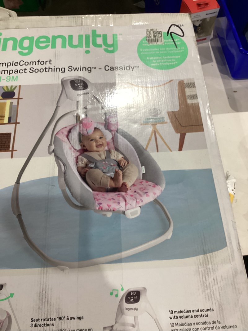 Condition photo showing As Is for Ingenuity SimpleComfort Lightweight Compact 6-Speed Multi-Direction Baby Swing, Vibrations & Nature Sounds, 0-9 Months 6-20 lbs (Pink Cassidy)