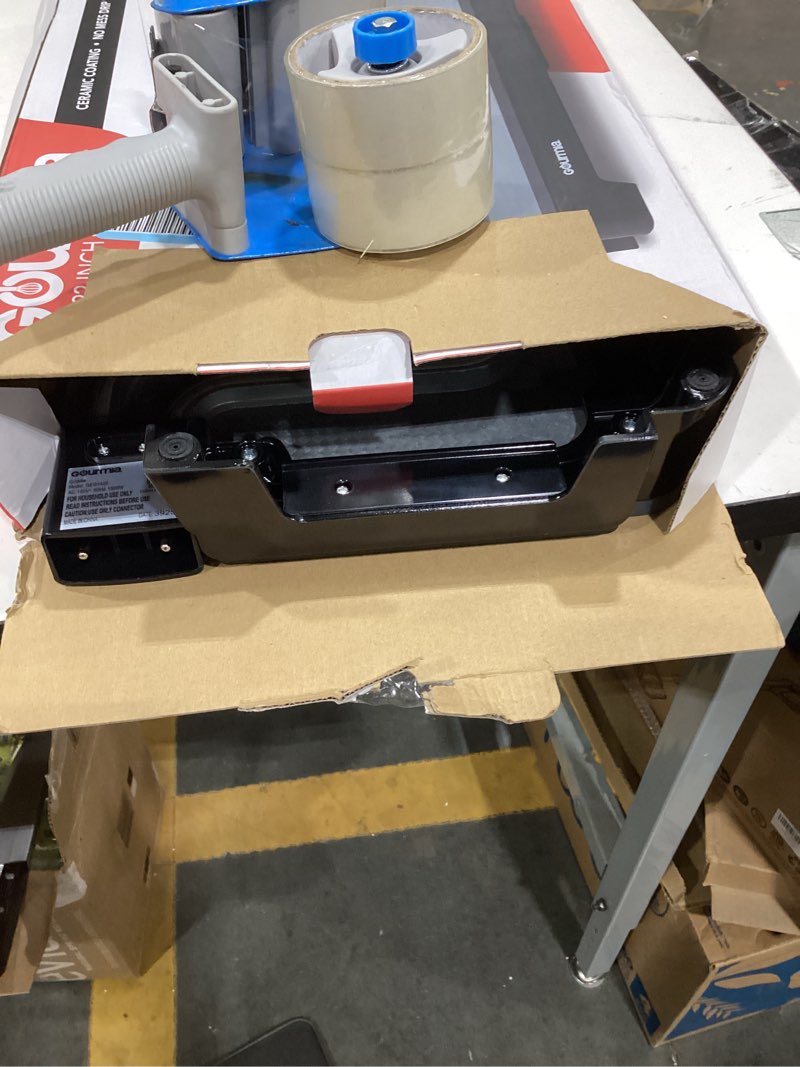 Condition photo showing As Is for Gourmia 22 Inch XL Electric Griddle Pan - Nonstick Extra Large Flat Top Ceramic Surface, Countertop Cooker, Adjustable 200°F–400°F, Pull-Out Drip Tray, Compact Handle-Free Design