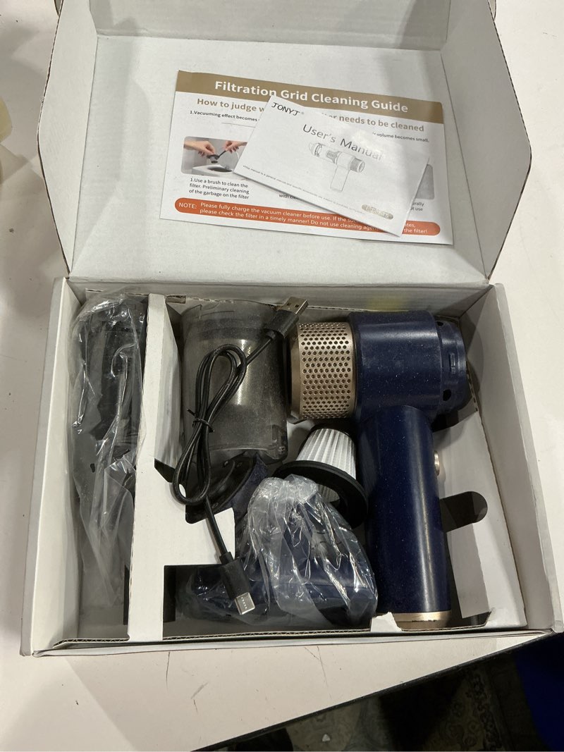 Condition photo showing As Is for jonyj handheld car vacuum cleaner, 16000pa hand held vacuum portable cordless, 2 in 1 air duster and vacuum cleaner with led light, multi-nozzles, 120w high power mini vacuum for home, pet, office blue & gold
