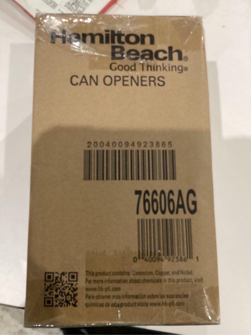 Condition photo showing As Is for Hamilton Beach (76606ZA) Smooth Touch Electric Automatic Can Opener with Easy Push Down Lever, Opens All Standard-Size and Pop-Top Cans, Extra Tall, Plastic/Metal, Black and Chrome