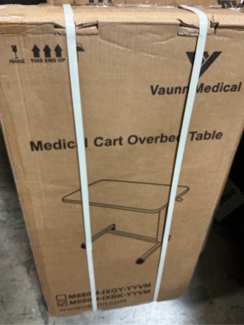 Condition photo showing New/Like New for vaunn medical adjustable overbed bedside table with wheels (hospital and home use) black