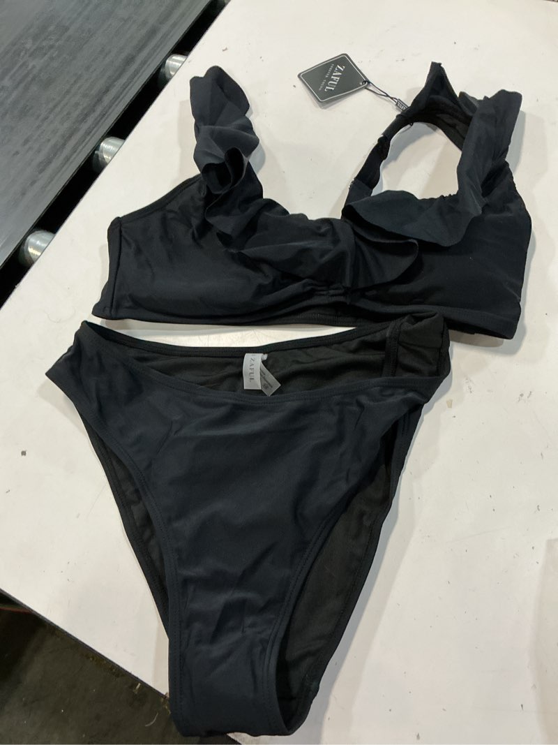 Condition photo showing New/Like New for zaful ruffle bikinis for women scoop neck bikini sets high cut 2 piece bathing suit cheeky trendy swimwear large 1-black