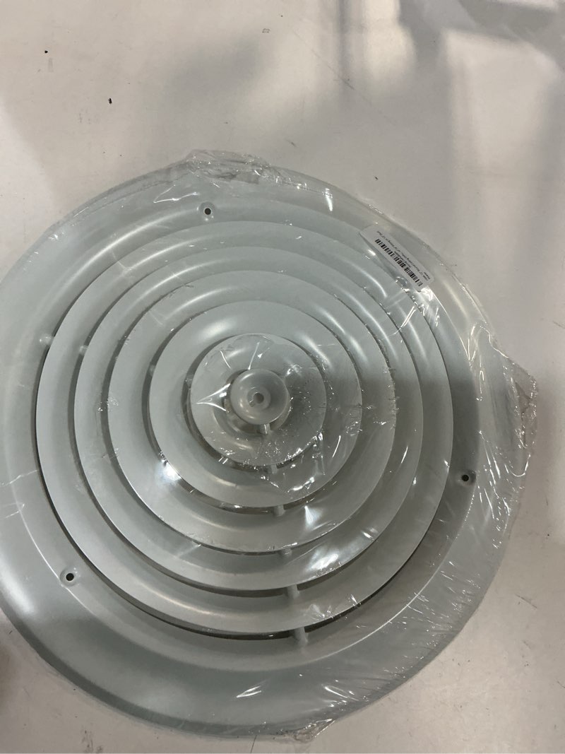 Condition photo showing New/Like New for hbw 12" round ceiling diffuser white powder coated with outside dimension of 16" fitting in 12" duct