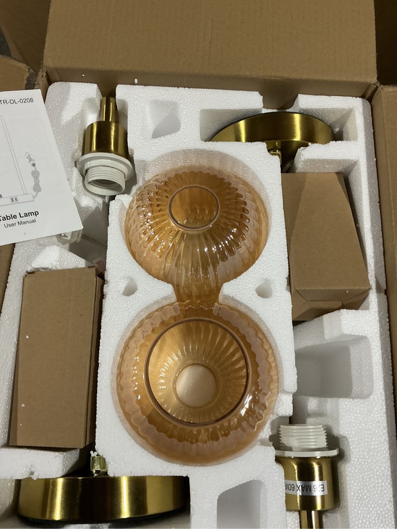 Condition photo showing Good Condition for QiMH Industrial Table Lamp for Bedroom Set of 2, Champagne Glass Beside Lamp with USB A&C Ports, Stepless Dimmable Gold Lamps, Nightstand Lamps for Living Room, Office, Home Decor(Bulb Included) Gold&?Champagne