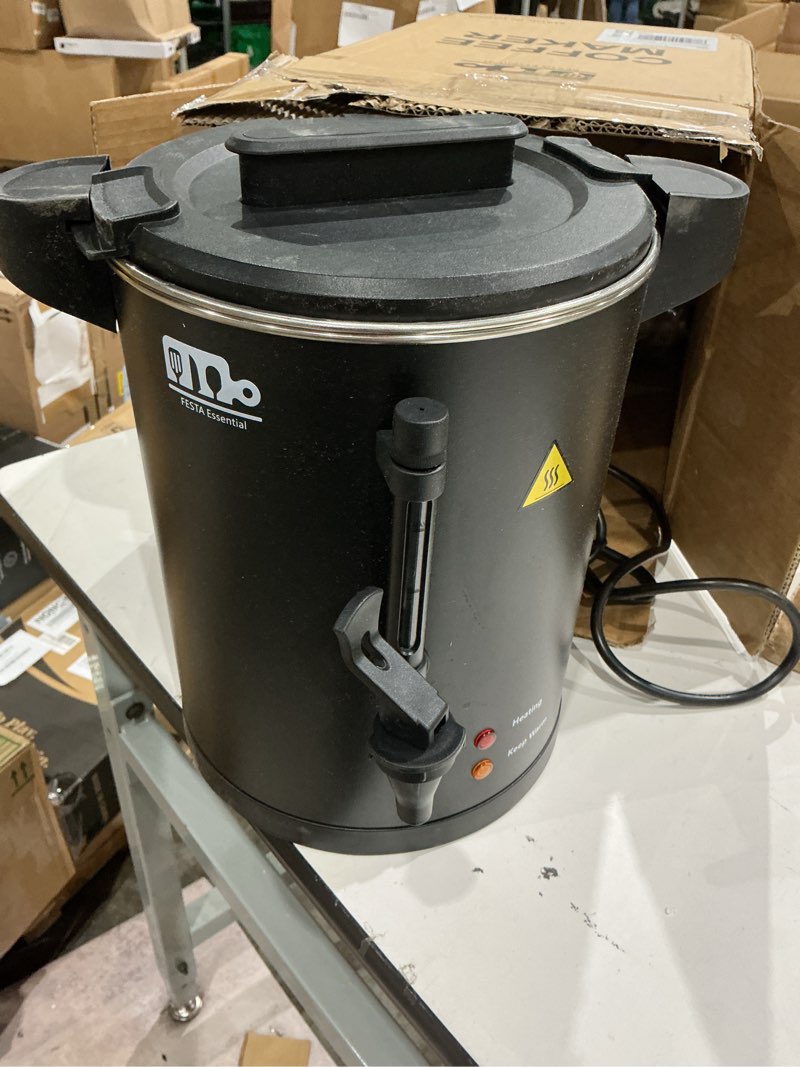 Condition photo showing As Is for 30-cup 6l commercial coffee urn, festa essential 750w double wall large percolate coffee maker stainless steel hot water urn dispenser with double dripless faucet, quick-brewing for catering, black 6l-30cups