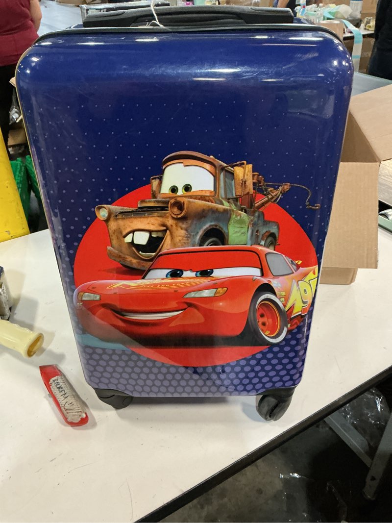 Condition photo showing As Is for Fast Forward 20 Inches Pixar Car Suitcase For Kids- Carry-On Travel Trolley Hard Sided Spinner Kids Luggage