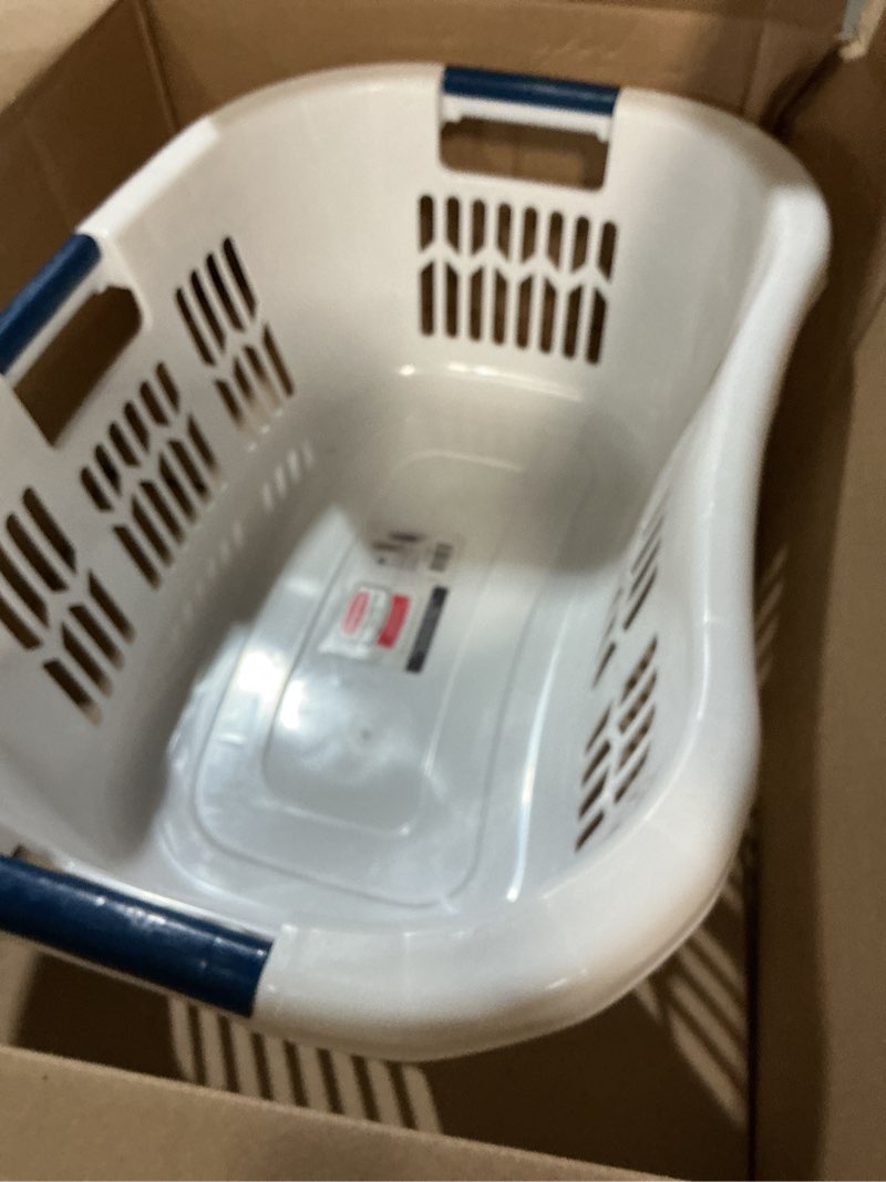 Condition photo showing Good Condition for rubbermaid large hip-hugger laundry basket/hamper, 1.5-bushel, white, stackable storage bin/organizer for bathroom/bedroom/dorm/home 1.5 bushel large hip hug basket