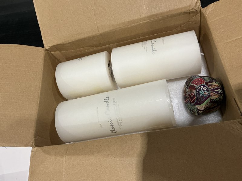Condition photo showing Good Condition for 3 pack 3x4, 6, 8 hand poured white dripless pillar candles, soy candles, non-toxic, unscented, smokeless, for power outages & emergency
