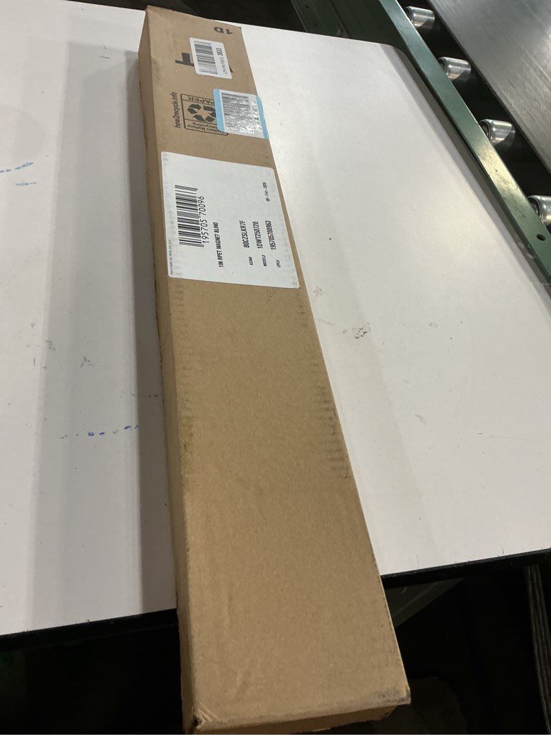 Condition photo showing New/Like New for DEZ FURNISHINGS Cordless No Tools 1" Magnet Mini Blinds for Metal Doors, Room Darkening, 25" W x 72" H, White 25"W x 72"H