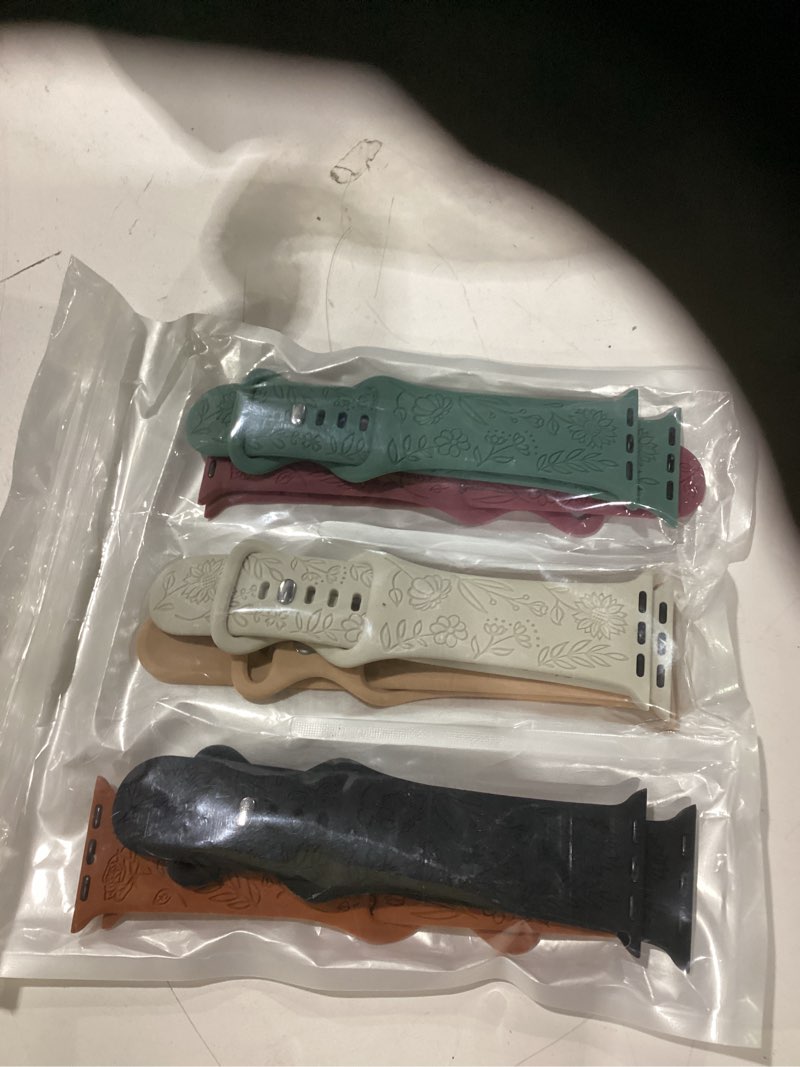 Condition photo showing New/Like New for snblk 6 pack floral engraved bands compatible with apple watch bands 40mm 41mm 42mm 38mm 44mm 45mm 46mm 49mm women men, silicone flower pattern strap for iwatch series 11 10 se ultra 9 8 7 6 5 4 3 2 1 black/pine green/starlight/brown/milk tea/smoke violet 38mm/40mm/41mm/(42mm-series 11 10)