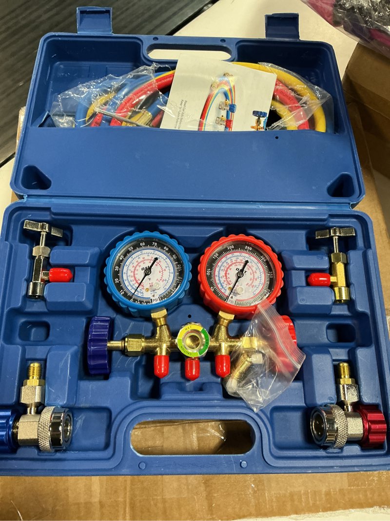 Condition photo showing New/Like New for orion motor tech ac gauges, ac manifold gauge set for r134a r12 r502 refrigerant, 3 way car with 5ft hoses couplers & adapter, puncturing & self sealing can tap freon charge kit