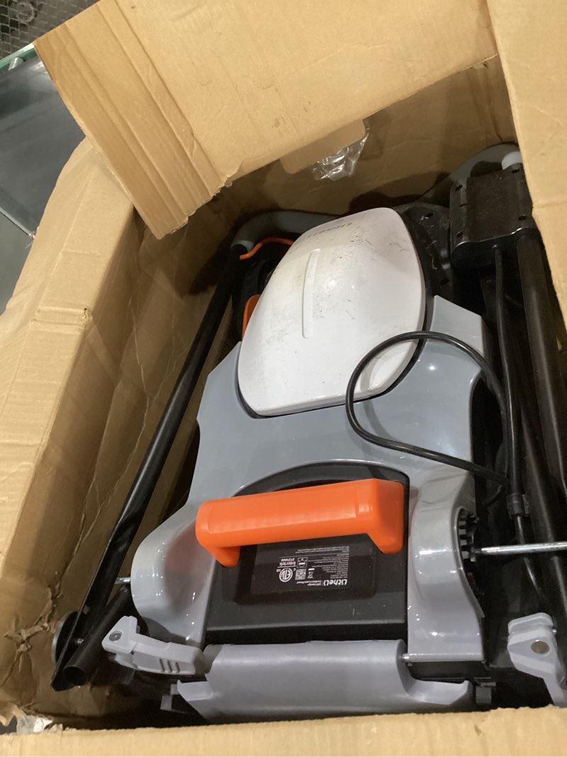 Condition photo showing Good Condition for USED Litheli Electric Lawn Mower Cordless,Grass Cutter Machine for 1300 Sq.Ft.Lawnmower with Motor,13.2 in Cutting Width,8 Gallon Capacity,Cutting Height from 1 to 2.5 in with 4.0A Battery Orange White with 1 Battery