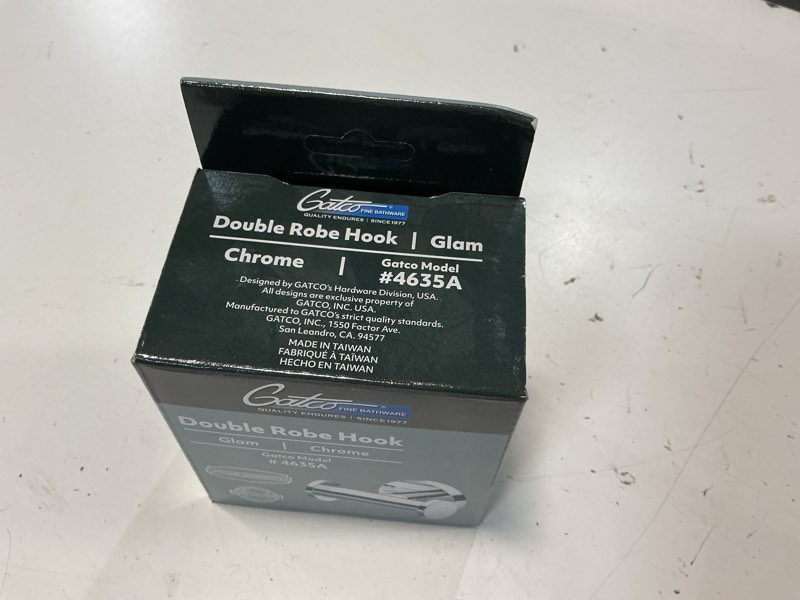 Condition photo showing New/Like New for gatco 4635a glam 2 hook double robe hook, wall mounted hook for bathroom towels & robes, 3.10 inch w, chrome 3.10"w chrome