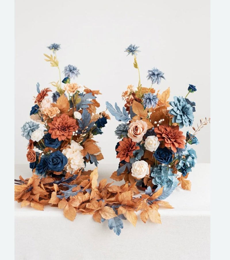 ( similar) ling's moment wedding arch flowers with sheer drapes kit - artificial dusty blue and navy floral arrangements for ceremony backdrop, arbor decor, 5-piece set (2 flower stems + 3 hanging drapes) blu-dusty blue & navy