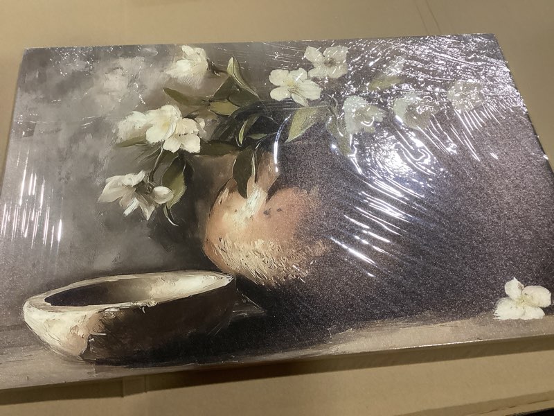 Condition photo showing Good Condition for Framed Canvas Wall Art, Vintage Botanical Moody Poster Prints, Rustic Farmhouse Still Life Painting Wall Decor Of White Flowers in Clay Vase, for Living Room, Bedroom, Kitchen,Gallery,Bathroom16X24IN Vintage Flowers1 16"L x 24"W