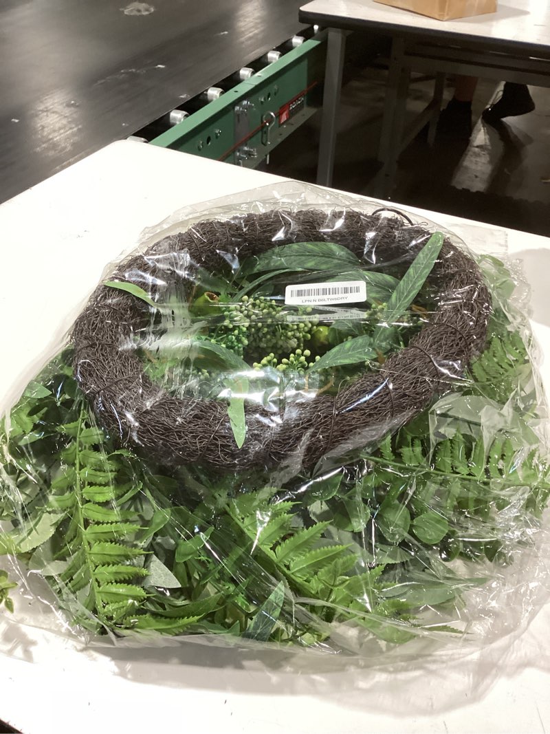 Condition photo showing Good Condition for 24 inch artificial greenery wreath for front door - green wreath with eucalyptus and fern leaves, spring summer fall winter eucalyptus wreaths, indoor outdoor wreath for farmhouse outside year round