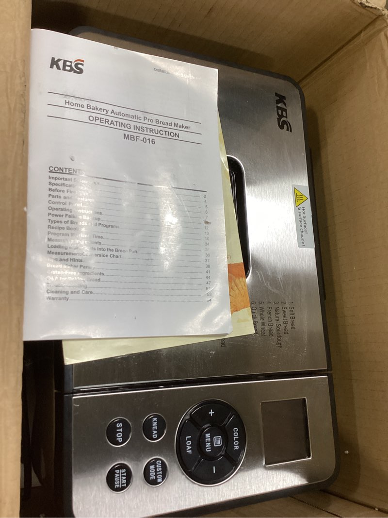 Condition photo showing As Is for KBS 2LB 19-in-1 Programmable Bread Maker, Stainless Steel Bread Machine with Nonstick Ceramic Pan,650W Bread Maker Machine with 15H Timer&1H Keep Warm,Sourdough,Gluten Free,3 Colors,53 Recipes,Silver