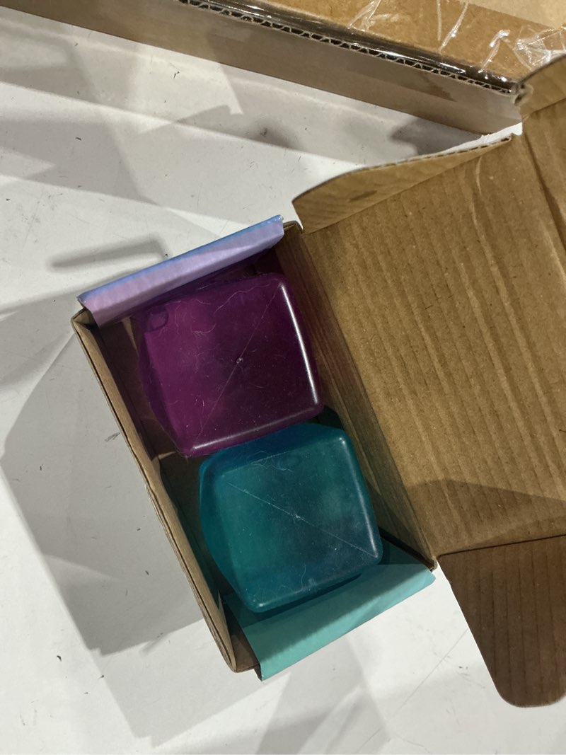 Condition photo showing As Is for 2pcs stress cube glow in the dark,fidgets for teens,adults, kids,super solid squishy toy,squeeze toys,ice cube,high density squeeze toys,stocking stuffers,cool things(blue + purple)