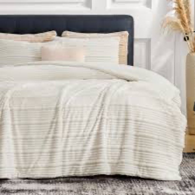 amélie home king size comforter set with stripe jacquard design, beige fluffy fleece bedding set, su
