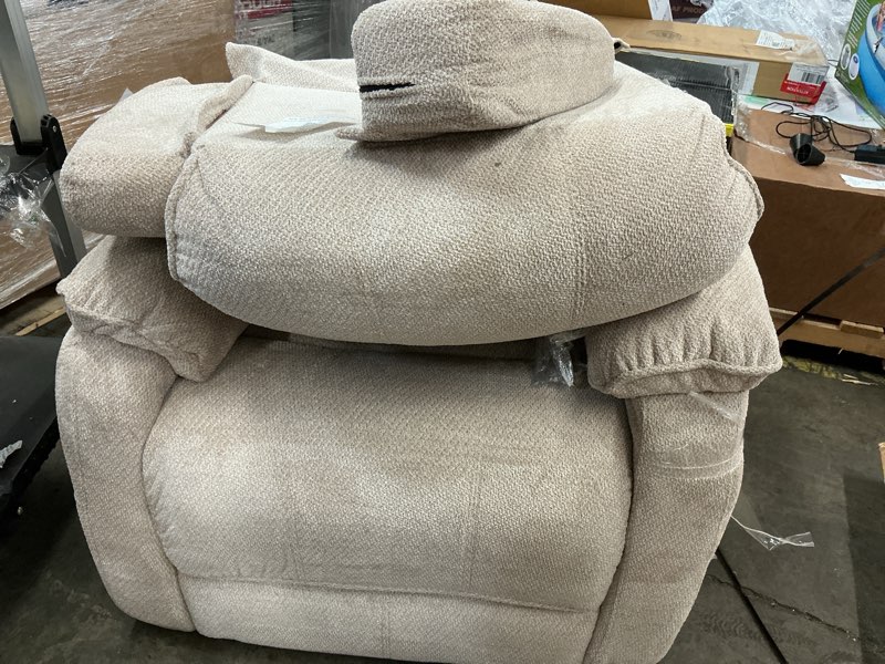 Condition photo showing As Is for bshti 34.84" power recliner chair with remote, chenille upholstery, ergonomic lounge chair for living room, side storage pockets, and near-flat recline, light khaki