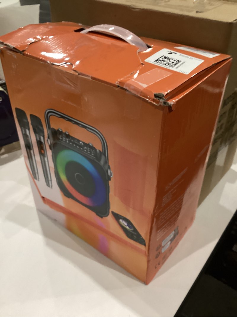 Condition photo showing As Is for Karaoke Machine, Portable Bluetooth Speaker with 2 Wireless Microphones for Adults & Kids with Lights, Karaoke Microphone with PA System Supports USB/TF/FM/AUX for Home Party Home System Packages Black