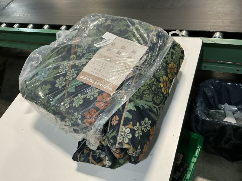 Condition photo showing As Is for lessymo floral living room rug 8x10 area rugs, vintage forest washable rugs for dining room bedroom, low pile non slip rubber green mat, distressed retro indoor boho carpet, forest green forest green 8' x 10' (rectangular)
