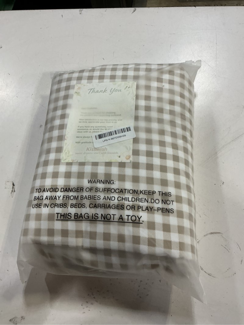 Condition photo showing Good Condition for gingham full sheet set, lightweight super soft brushed microfiber plaid bed sheets with 16" deep pocket, 4 piece ruffle farmhouse bedroom decor, taupe taupe full