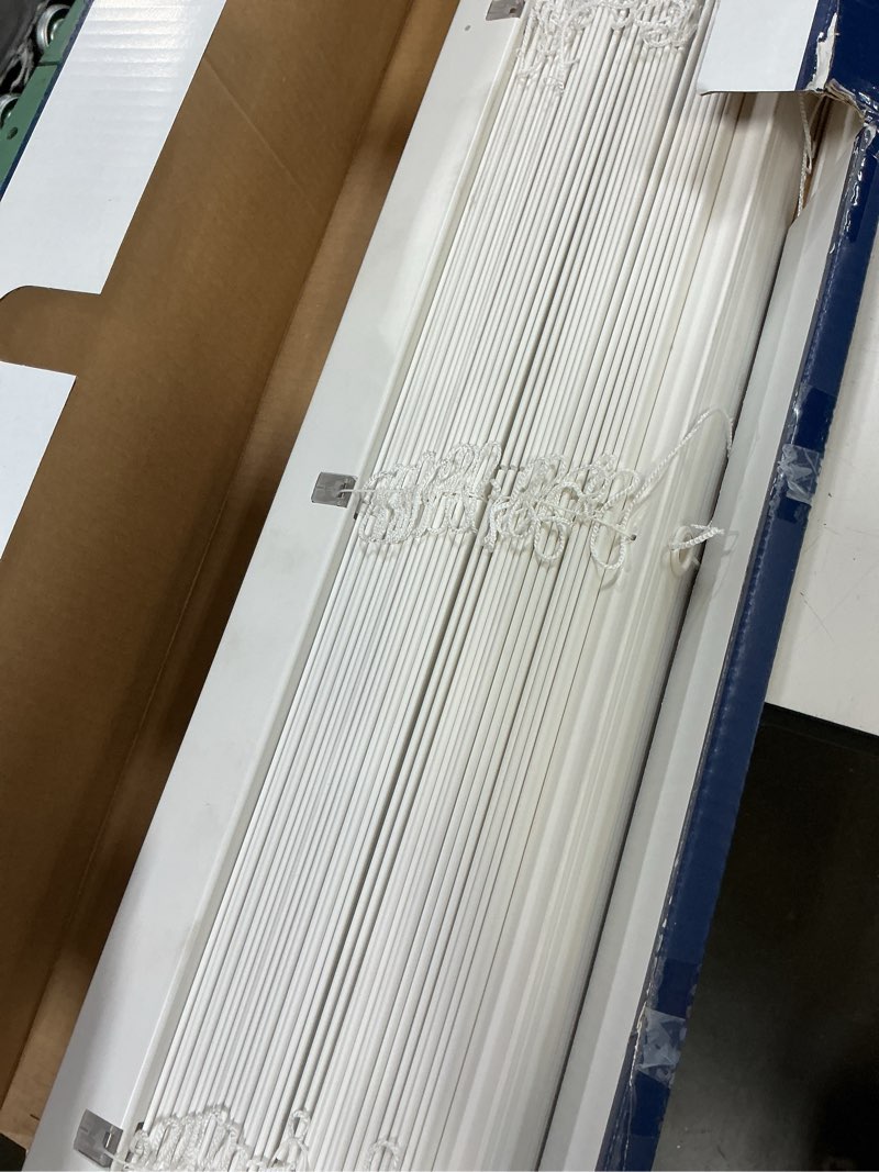Condition photo showing As Is for levolor trim+go 2-in slat width 52-in x 64-in cordless white faux wood room darkening horizontal blinds