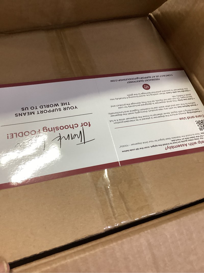 Condition photo showing New/Like New for FOODLE Large Glass Drink Dispenser with Spigot - Glass Beverage Dispenser with Stand - Perfect for Parties & Weddings - Pitcher for Lemonade, Water, Sangria, Punch & Juice - Leakproof - 1.72 Gallon