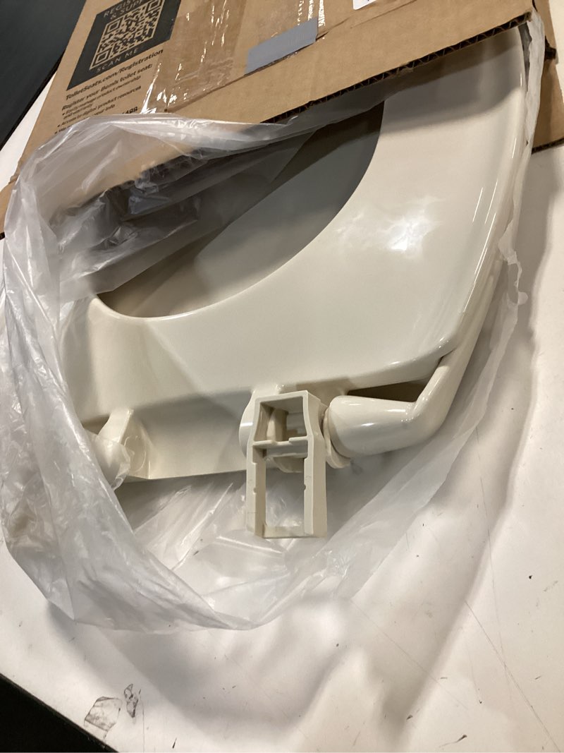 Condition photo showing As Is for Mayfair Aurora Slow Close Toilet Seat, Easy Clean Hinges and Adjustable Perfect Fit Plastic Seat, Made in USA, Elongated, Bone
