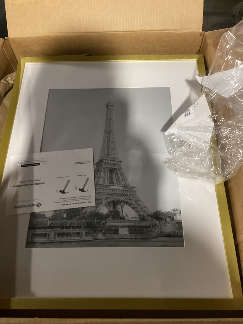 Condition photo showing New/Like New for upsimples 16x20 picture frame, display pictures 11x14 with mat or 16 x 20 without, wall hanging poster frame, gold, 1 pack gold 16x20