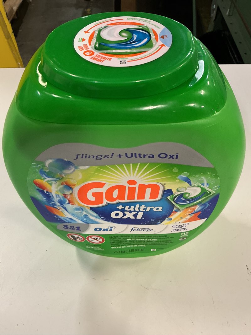 Condition photo showing New/Like New for Gain Flings Ultra Oxi Laundry Detergent Pacs, 112 Count, Waterfall Delight Scent, with Odor Defense, concentrated laundry soap pacs Waterfall Delight 112 Count (Pack of 1)