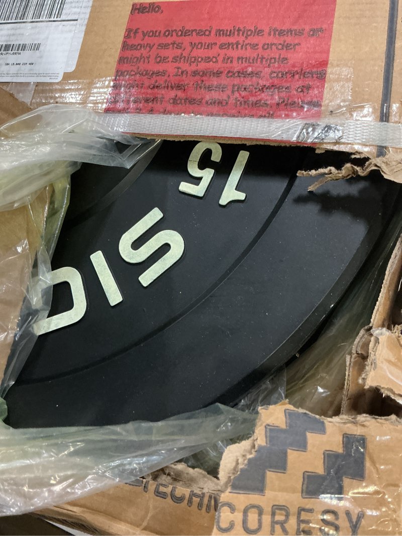 Condition photo showing Good Condition for signature fitness 2" olympic bumper plate weight plates with steel hub, pairs or sets or sets with barbell, multiple packages