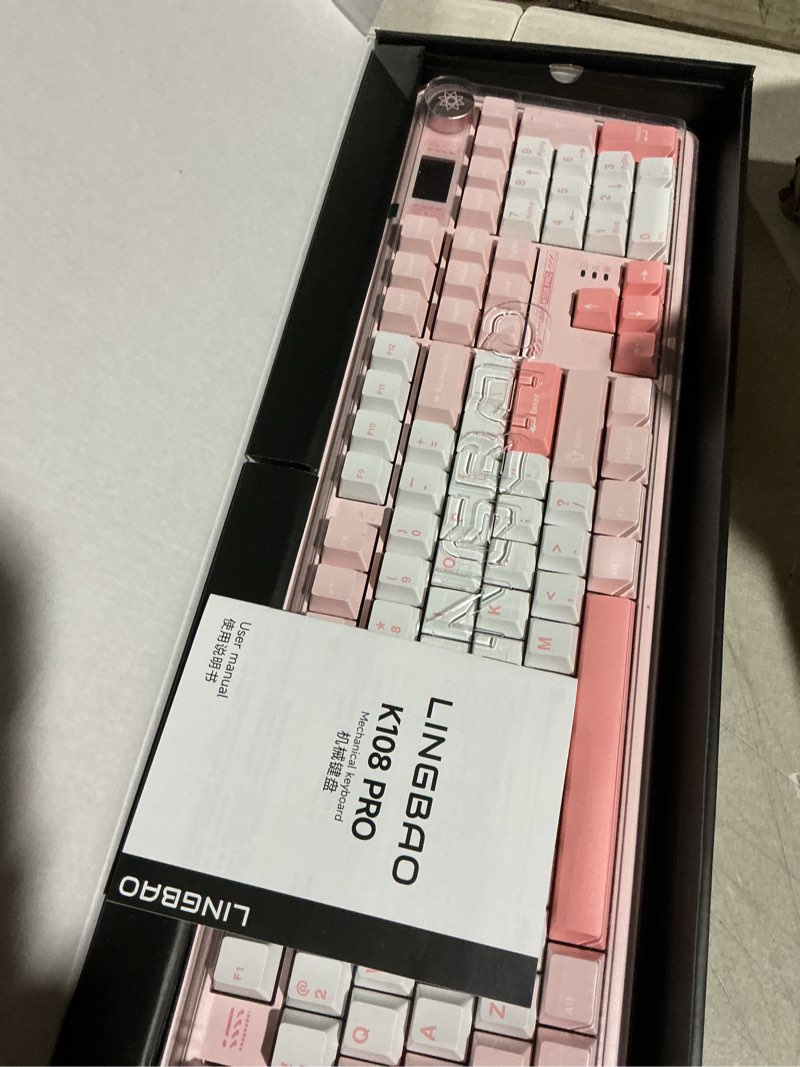Condition photo showing Good Condition for lingbao k108 pro wireless mechanical keyboard with screen & knob, full size creamy keyboard with number pad, 10000mah battery, pbt keycaps, rgb backlit, hot-swappable pink gaming keyboard for pc/mac white & pink