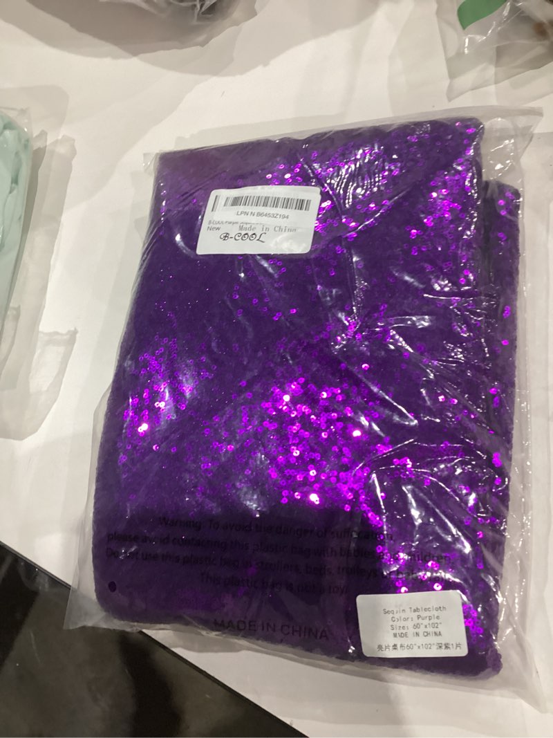 Condition photo showing Good Condition for B-COOL Purple Sequin Tablecloth 60x102 Inch Sparkly Kitchen Cloth Glitter Table Drape Overlay for Wedding Halloween Carnival Birthday Party Decorations 102" x 60" (Rectangular) Purple