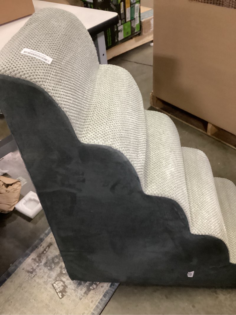 Condition photo showing Good Condition for dog stairs for bed 28.7”h, 5-step dog ramp, non-slip sturdy pet steps for small dogs & cats to get on high bed or couches, grey