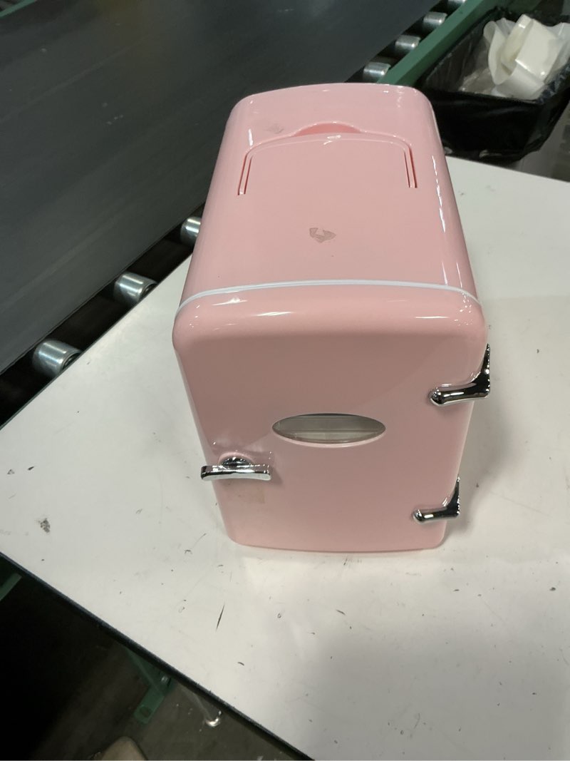 Condition photo showing As Is for yssoa 9 cans compact mini fridge, warmer and cooler portable refrigerator with observation, freon-free & eco friendly, 6l with window, pink