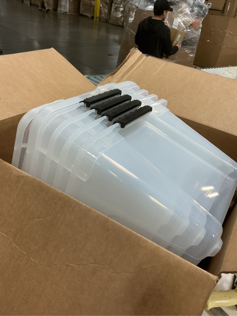 Condition photo showing As Is for IRIS USA File Box WeatherPro Portable File Organizer Plastic File Box for Letter File w/Organizer-Lid, Durable Lid and Gasket Seal, Secure Latching Buckles, Stackable, Lockable, Clear 19 Qt. 4 Pack Clear w/ Handle 4 Pack