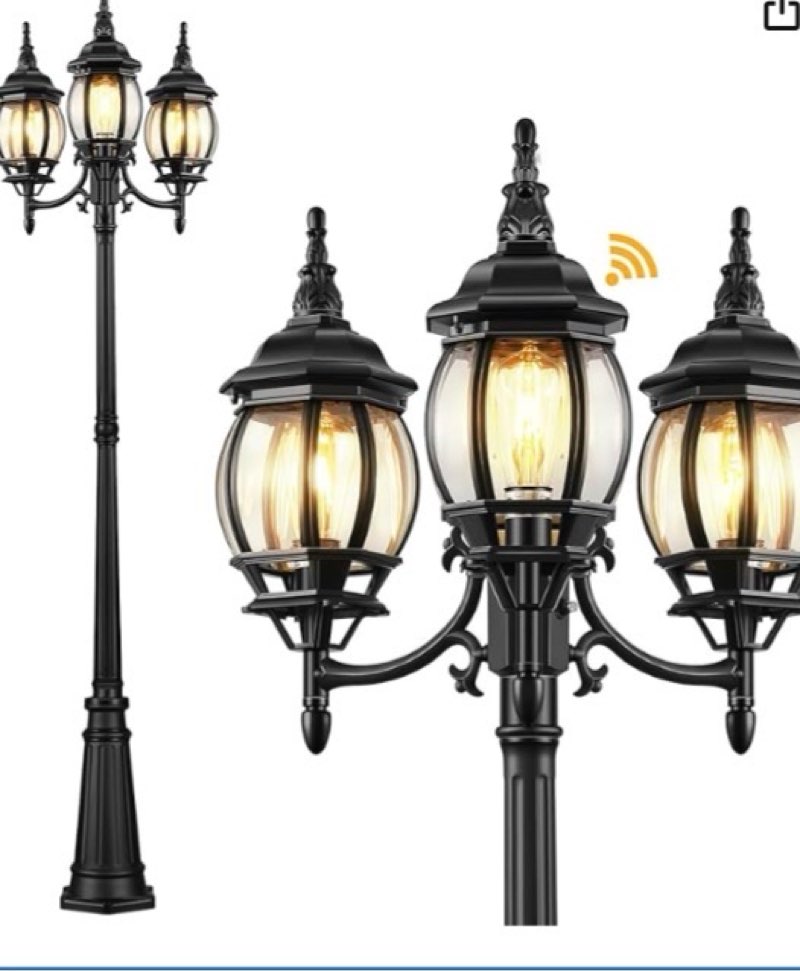 VIANIS Lamp Posts Outdoor Lighting, 3-Head Lights for Outside with Waterproof Aluminum Body, Dusk To Dawn Sensor Street Light With Tempered Glass Panels For Backyard, Garden, Christmas Lights Driveway