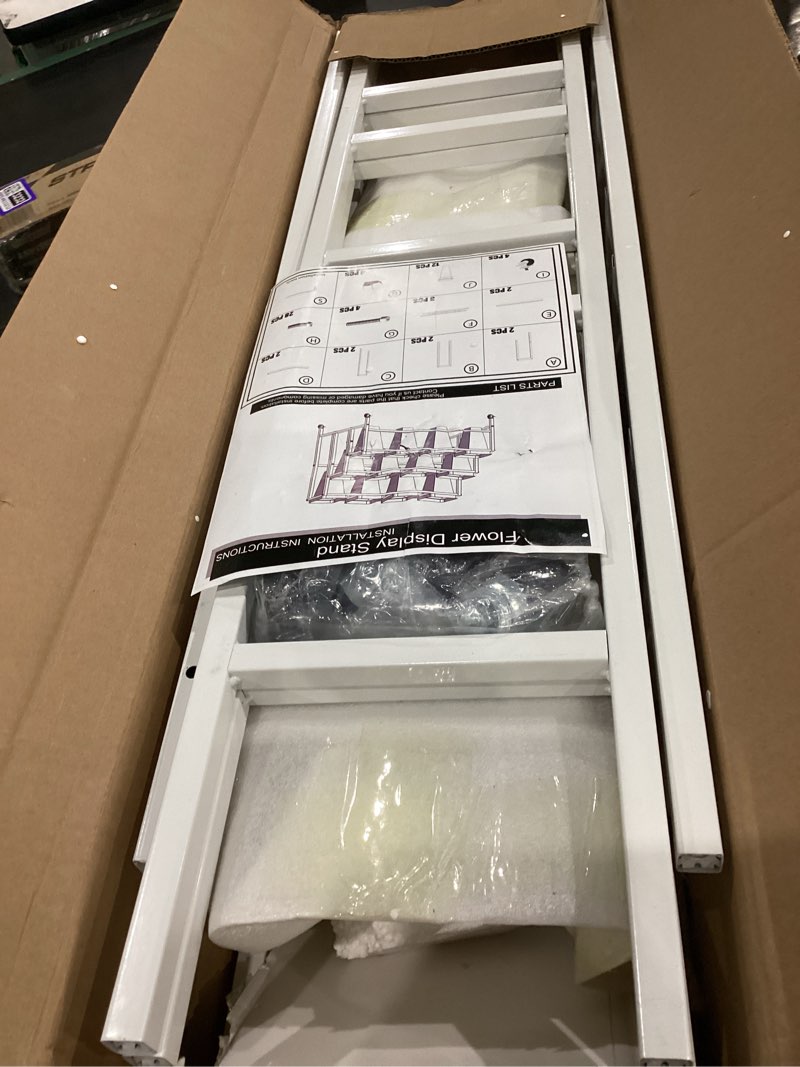 Condition photo showing As Is for asee'm flower display stand with 12pcs buckets 3 tier flower cart display stand with wheels heavy duty moving metal plant stand flower bar flower rack for florist indoor outdoor patio garden white 37"l x 23.62"w x 31.5"h white
