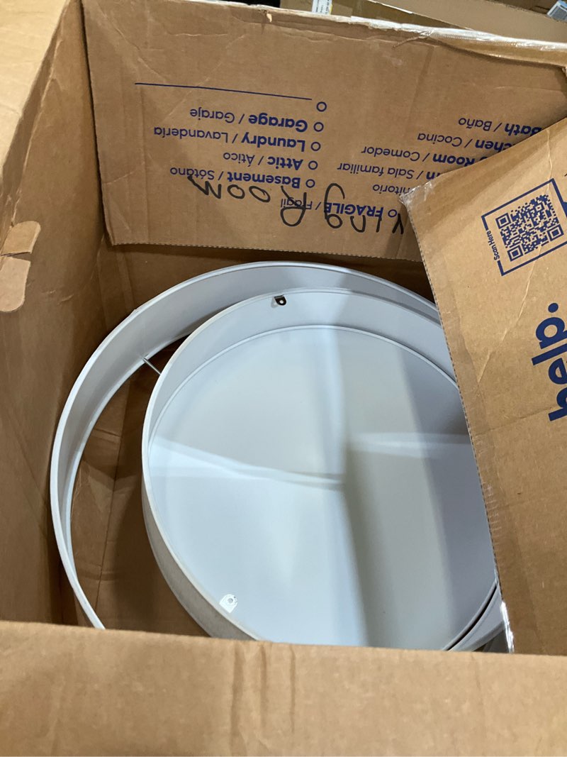 Condition photo showing As Is for 16" double drum 3-light semi flush mount ceiling light, classic fabric linen shade design for living room, bedroom, kitchen, dining room, hallway and entryway black-dual