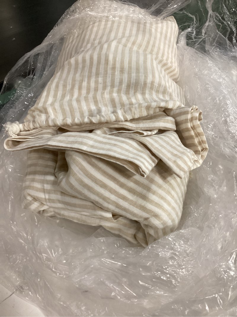 Condition photo showing Good Condition for european linen stripe sheet set king, white beige