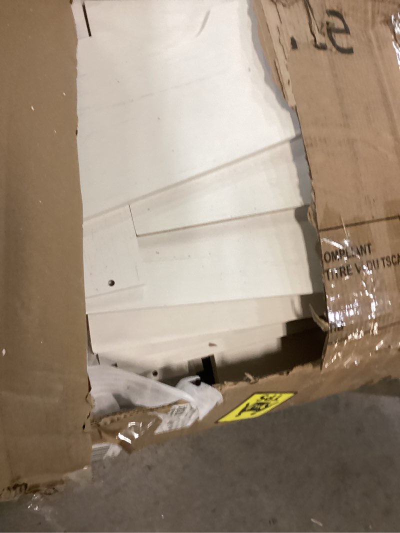 Condition photo showing As Is for 77" Hall Tree with Bench & Shoe Storage, Entryway Coat Rack Cabinet with 3 Drawers, 2 Mirrors & Sliding Barn Doors for Mudroom Organization, White