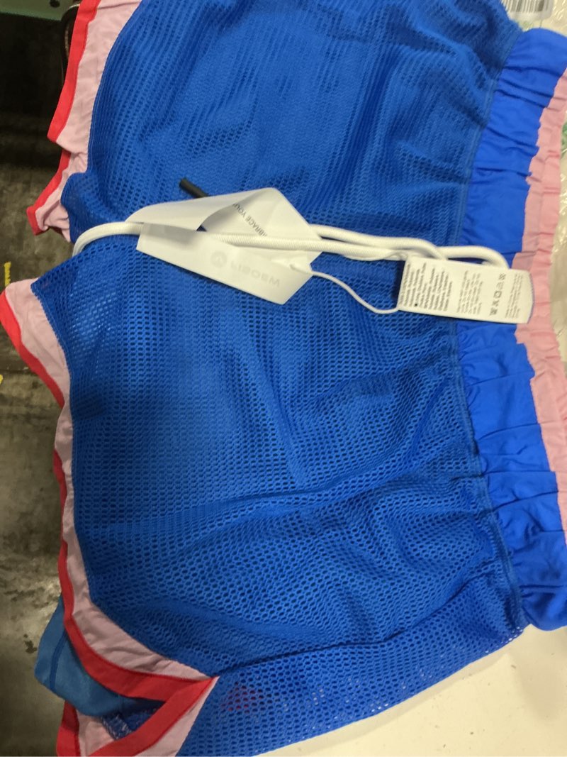 Condition photo showing Good Condition for fisoew women athletic shorts 2 in 1 running high split color block workout yoga mesh shorts pocket drawstring blue large