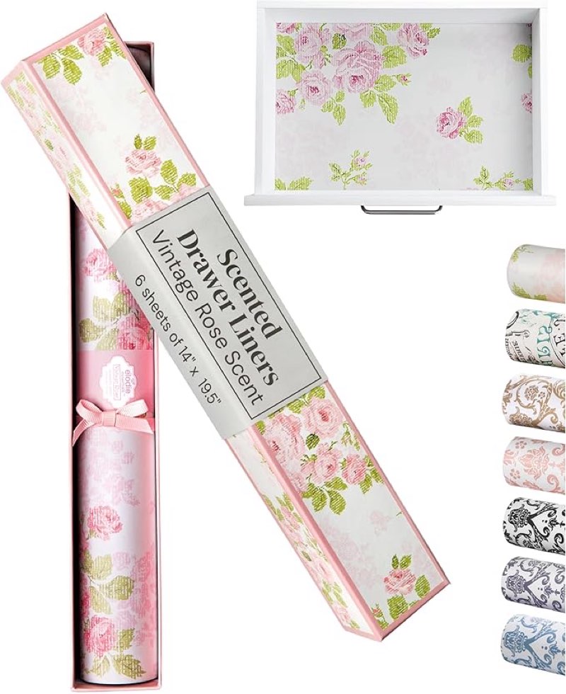 elodie essentials 6 scented drawer liners for closet shelves - 14" x 19.5", vintage rose scented paper liner for bedroom & bathroom drawers - non-adhesive shelf paper for cabinets
