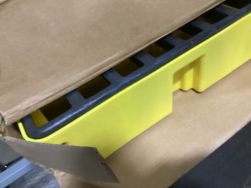 Condition photo showing Good Condition for Eagle 2 Drum Spill Platform with Forklift Pockets, 26.25"x51"x6.5", 30 Gallon Sump, 5,000 lbs. Load Capacity Containment Tray, Made in USA, Yellow, 1632 No Drain 2 Drum Yellow