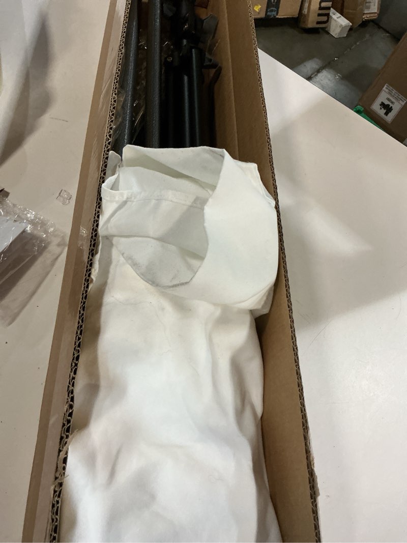 Condition photo showing As Is for White Backdrop with Stand, 6x9 ft White Photo Backdrop Curtain with 6.3x6.5 ft Background Stand, Portable Back Drop Support Kit with Carrying Bag, 5 Strong Spring Clamps