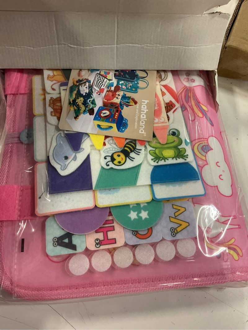 Condition photo showing Good Condition for hahaland Toddler Busy Board Montessori Toys for 3 Year Old Girl Gifts, Educational Learning Toys with Life Skills, Alphabet, Number, Shape, Color, Easter Valentines Gift Travel Sensory Busy Book Age 3 A - Unicorns - 8 Pages